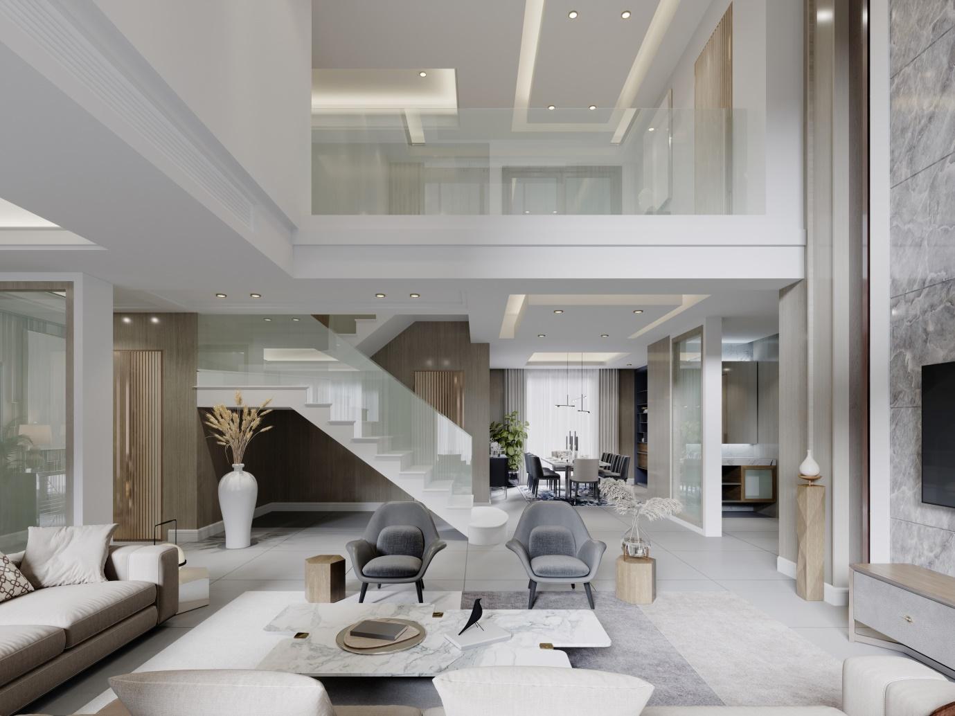 Luxury modern interior with high ceilings and elegant paint finish